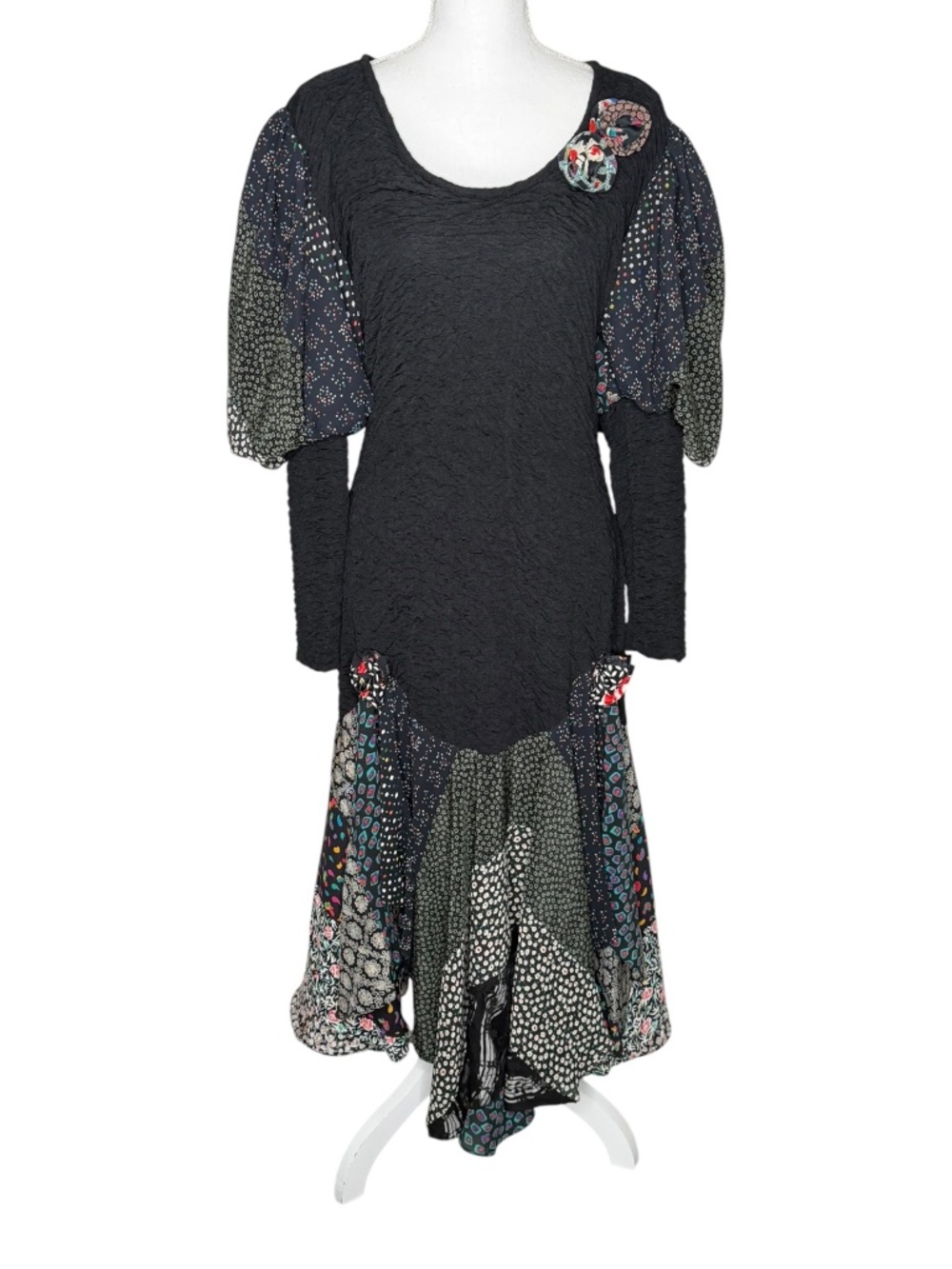 Lorrie Kabala Dress Balloon Sleeve Floral Fitted Black Multicolor